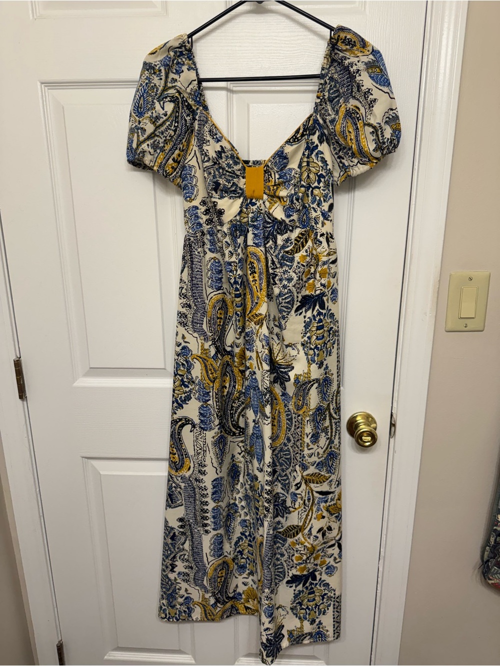 Paisley Print Puff-Sleeve Maxi Dress in Cream, Blue & Yellow